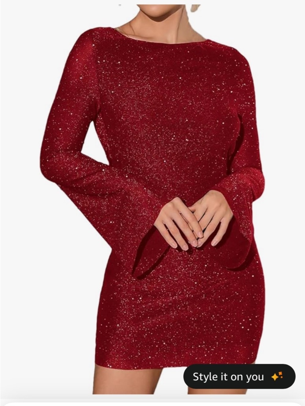 Women’s Sparkly Red Long-Sleeve Mini Dress with Open Back